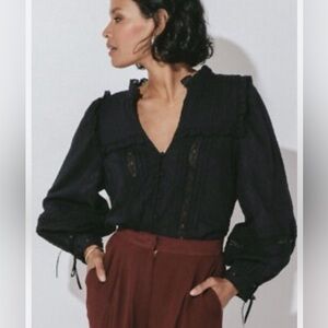 Cleobella Alexia Dobby Cotton Ruffle Long Sleeve Black Blouse Sz Large
